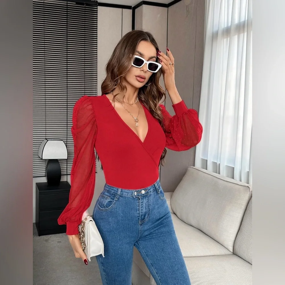 Womens Tops Deep V Neck Cross Wrap Sexy Tops Polka Dot Mesh Long Sleeve T Shirt - Picture 2 of 9